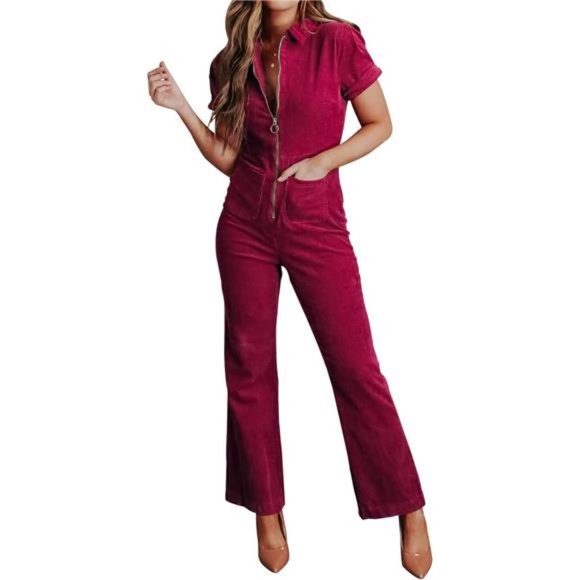 Women's Short Sleeve Corduroy Jumpsuit Zip Up Straight Legs Long Pants Romper